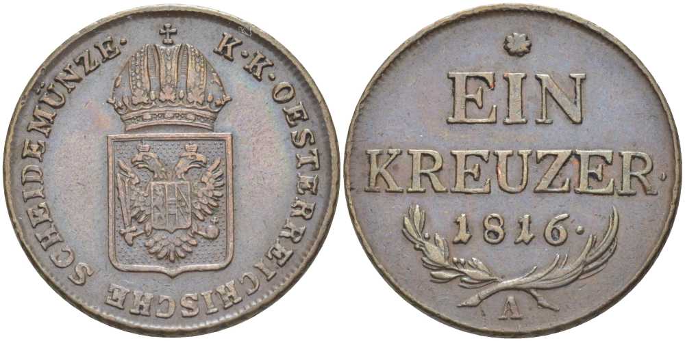 АВСТРИЯ 1 КРЕЙЦЕР 1816 A, ФРАНЦ II (1792-1835) KM 2113 медь 180-536