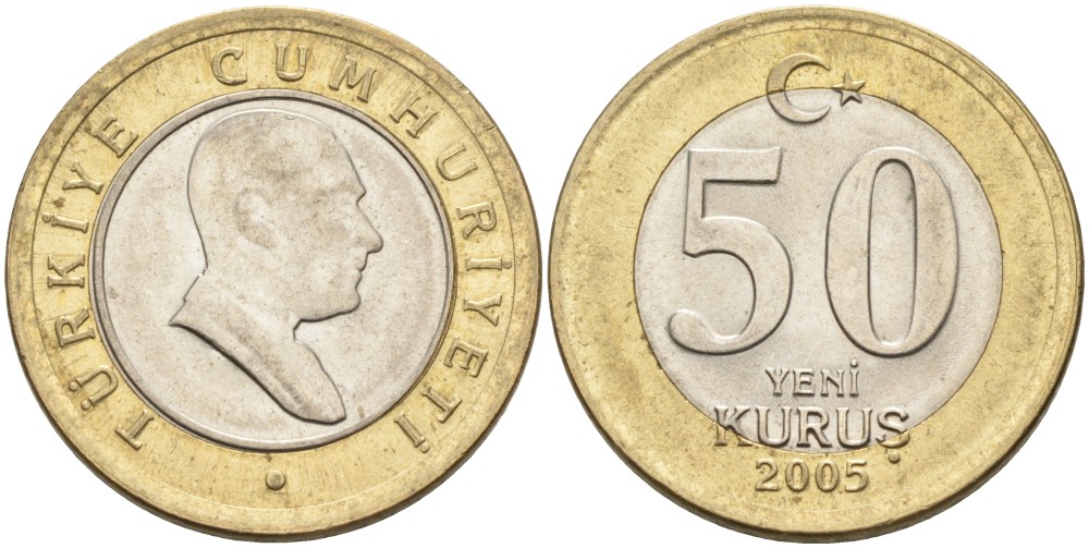 Турция 50 курушей 2005 Кемаль Ататюрк KM 1168 биметалл аUNC 4561-115
