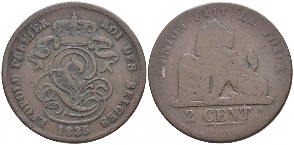 БЕЛЬГИЯ 2 САНТИМА 1835 BELGES KM 4.2 медь 4448-611