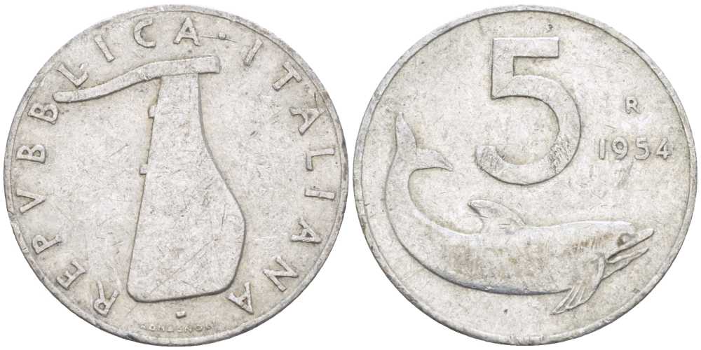 ИТАЛИЯ 5 ЛИР 1954 R, РУЛЬ, ДЕЛЬФИН KM 92 алюминий 95-726