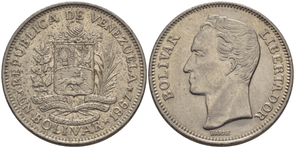 Венесуэла 1 боливар 1967 Симон Боливар KM 42 никель 31-534
