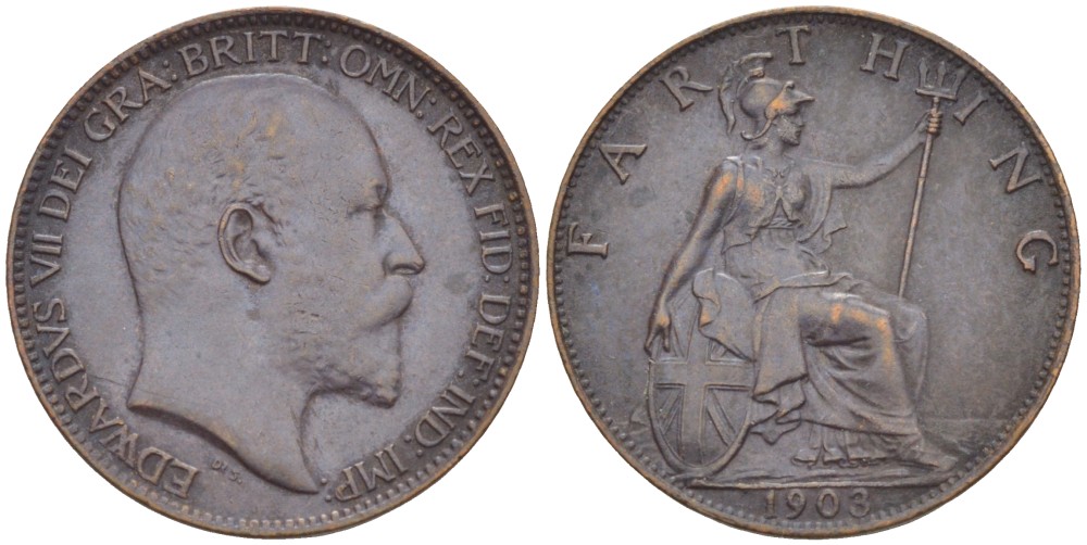 Великобритания 1 фартинг 1903 Эдуард VII (1901-1910), KM 792, Spink 3992 бронза 4543-947