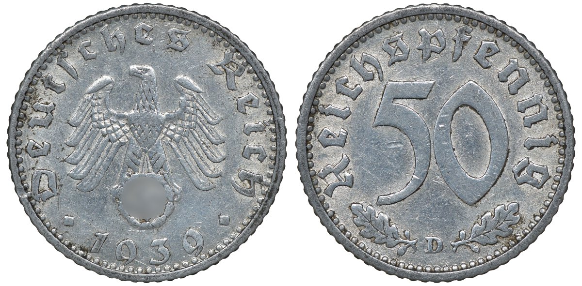 Германия 50 рейхспфеннигов 1939 D цена по каталогу МТ 42 евро J. 372, KM 96 алюминий 72-1252