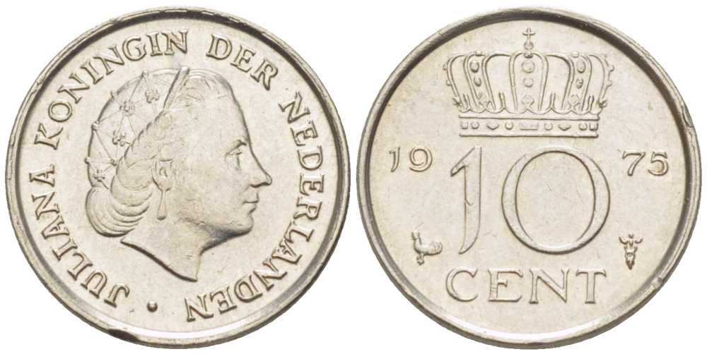 НИДЕРЛАНДЫ 10 ЦЕНТОВ 1975 ЮЛИАНА (1948-1980) KM 182 никель 116-1015