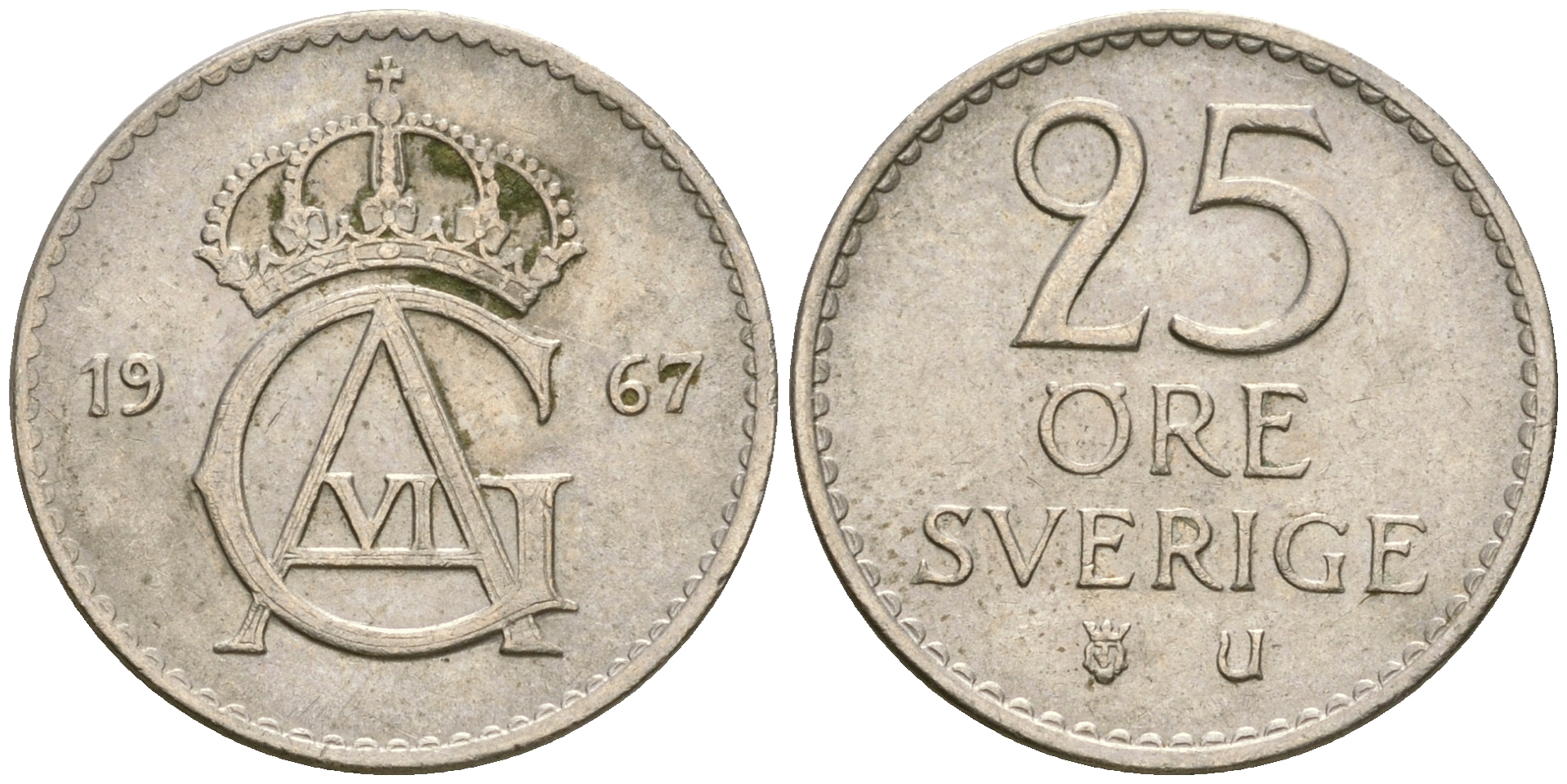 Швеция 25 эре 1967 U, Карл XVI Густав (1973- ) KM 836 медно-никель 4364-3629