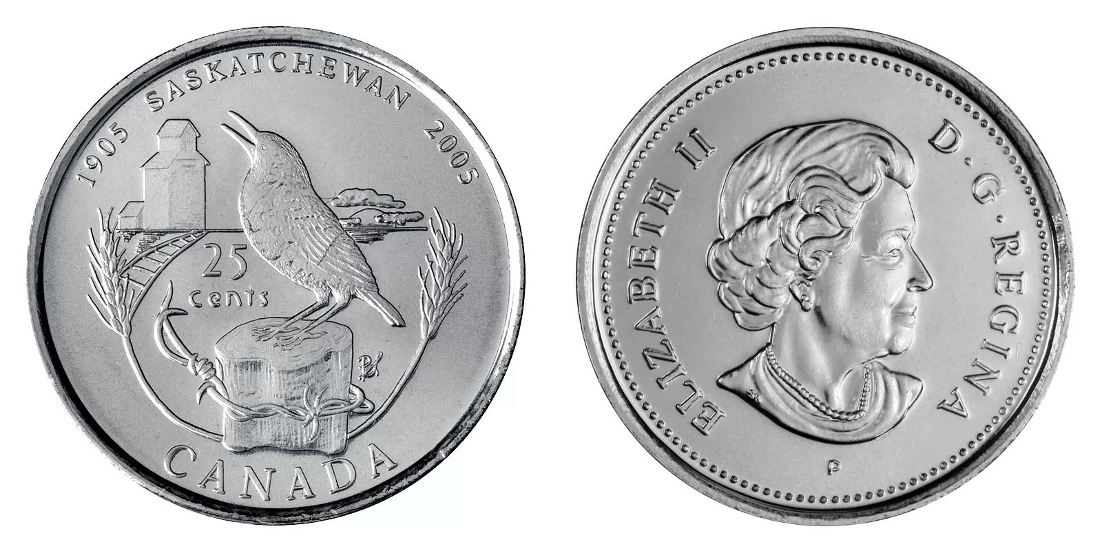 Канада 25 центов 2005 100-лет провинции Саскачеван, птица KM 532 никелированная сталь  UNC  M59-04