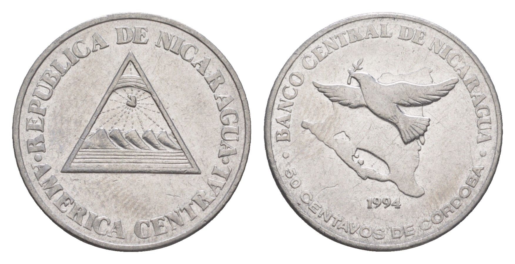 Никарагуа 50 сентаво 1994 KM 83 хромированная сталь 4640-1041