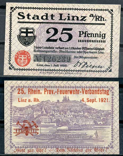 Германия, Линц-на-Рейне 25 пфеннигов 1920 нотгельд, 1.10.1923 Tieste 4140/71 бумага UNC (пресс) 8614-42-4-2
