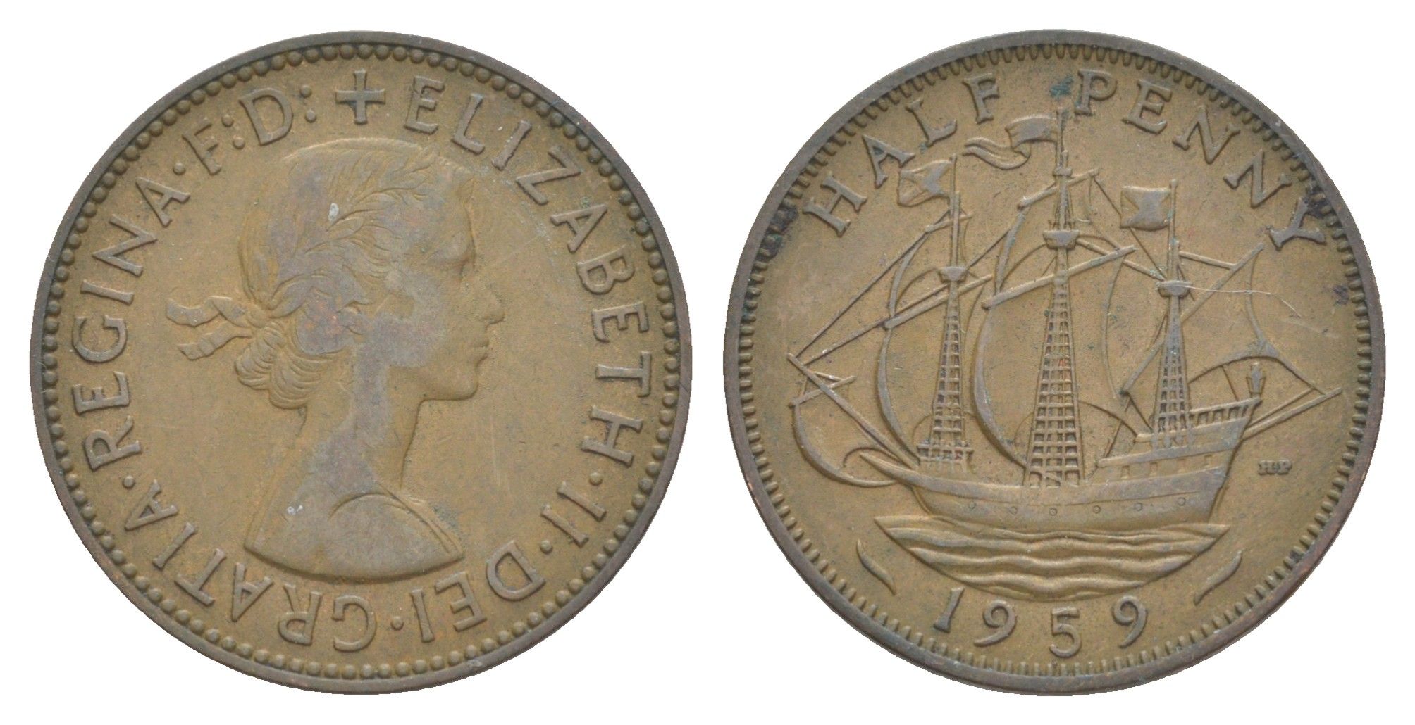 Великобритания 1/2 пенни 1959 Елизавета II (1952-2022) KM?896, Spink?4158 бронза 4641-954