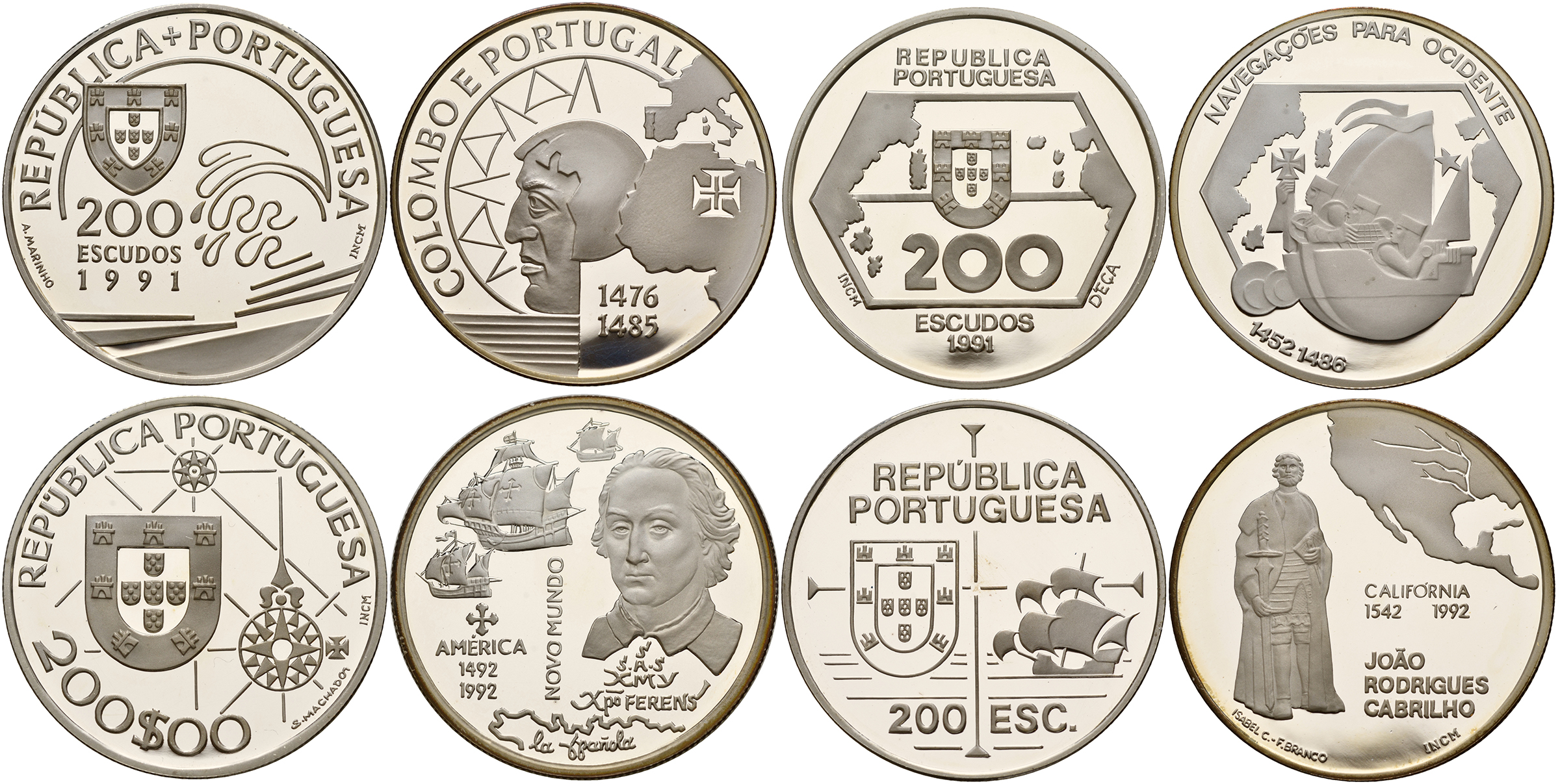 Португалия набор из 4 монет по 200 эскудо 1992 Великие Португальские открытия, серия III, сертификат, коробка KM 658a, 659a, 660a, 661a серебро PROOF 1-4-6-13