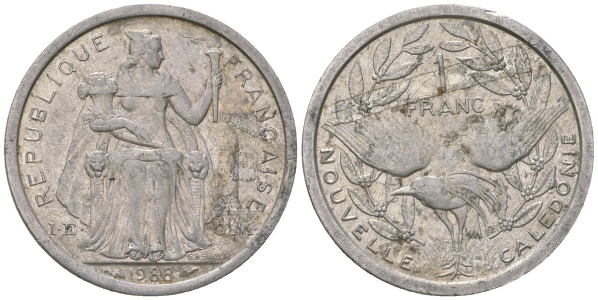 Французская Новая Каледония 1 франк 1988 птица кагу, (IEOM) KM 10, Schoen 10, Lec 48 алюминий 51-5156