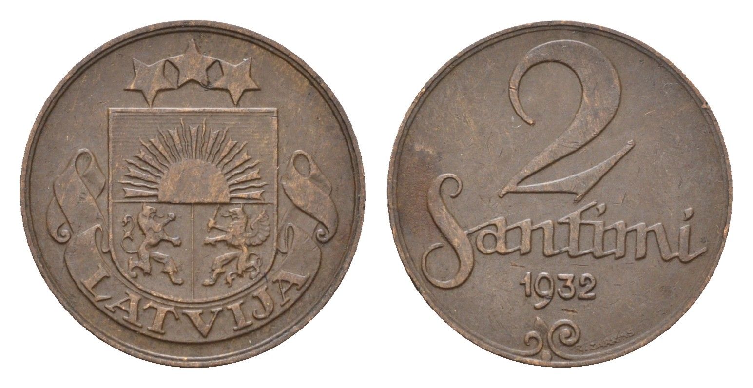 Латвия 2 сантима 1932 KM 2 бронза 4679-245