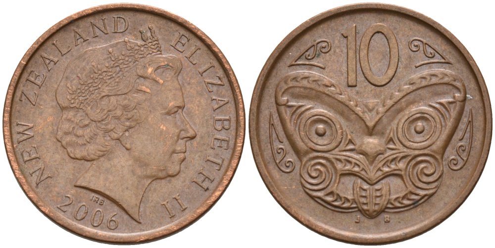 Новая Зеландия 10 центов 2006 маска Маори, Елизавета II (1952-) KM 117а сталь плакированная медью 186-413