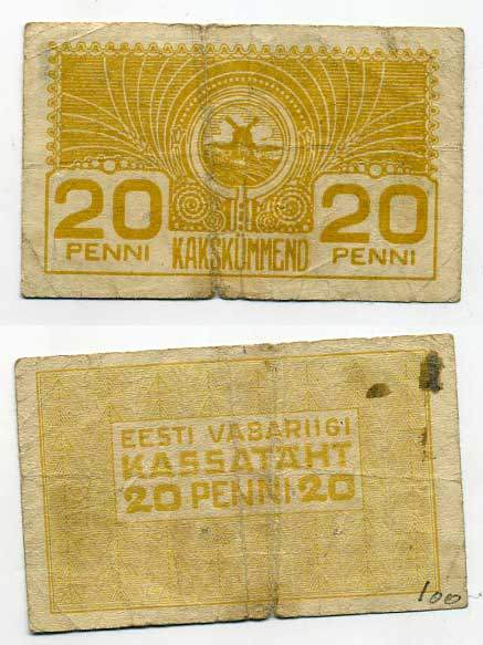 ЭСТОНИЯ 20 ПЕННИ 1919 Pick 41a бумага 2196-9-3-2