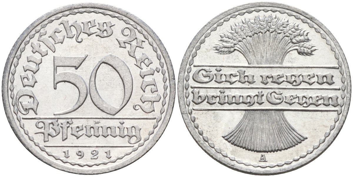 Германия 50 пфеннигов 1921 A KM 27, J.301, Weege 10 алюминий UNC 4584-842