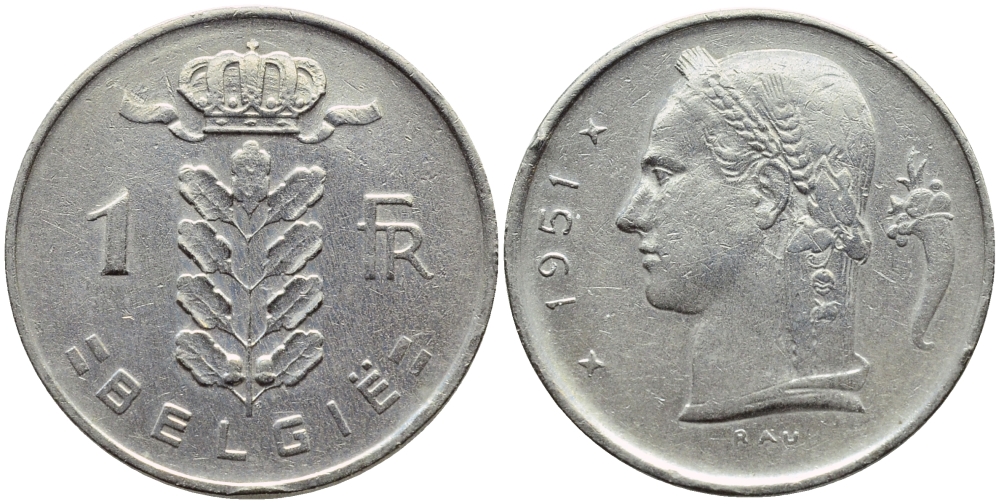 БЕЛЬГИЯ 1 ФРАНК 1951 BELGIE KM 143.1 медно-никель 4390-151