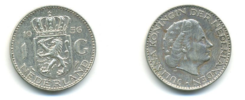 Нидерланды 1 гульден 1956 Юлиана (1948-1980) KM 184 серебро 83-742