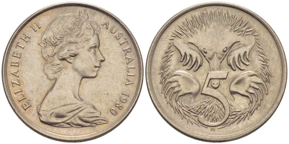АВСТРАЛИЯ 5 ЦЕНТОВ 1980 ЕЛИЗАВЕТА II, МОЛОДОЙ ПОРТРЕТ, ЕХИДНА KM 64 медно-никель 100-1233