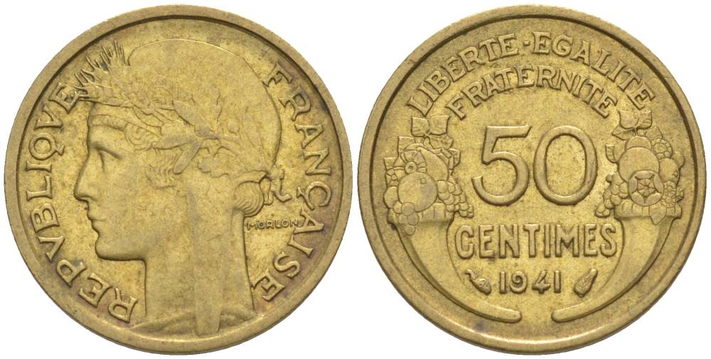 ФРАНЦИЯ 50 САНТИМОВ 1941 ТИП MORLON KM 894.1, LE FRANC 192.18 алюминиевая бронза 44-425