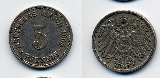 Германия 5 пфеннигов 1908 F KM 11, Jager 12, Weege 6 медно-никель 84-1667