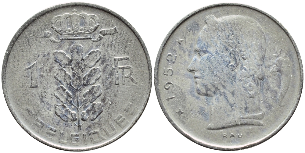 БЕЛЬГИЯ 1 ФРАНК 1952 BELGIQUE KM 142.1 медно-никель 4388-127