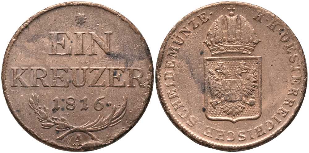 АВСТРИЯ 1 КРЕЙЦЕР 1816 А, ФРАНЦ II (1792-1835) KM 2113 медь 117-521