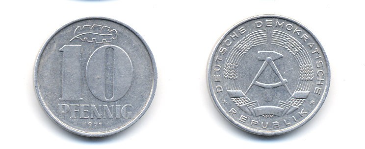 ГДР 10 пфеннигов 1971 KM 10 алюминий 54-1553