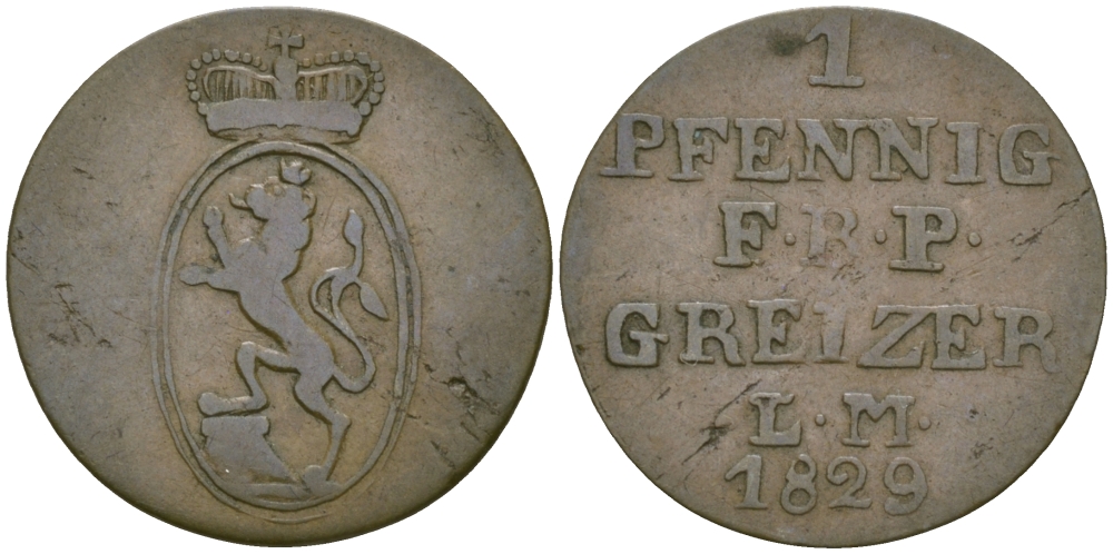 РЕЙС-ОБЕРГРАЙЦ 1 ПФЕННИГ 1829 LM KM 102 медь 99-939