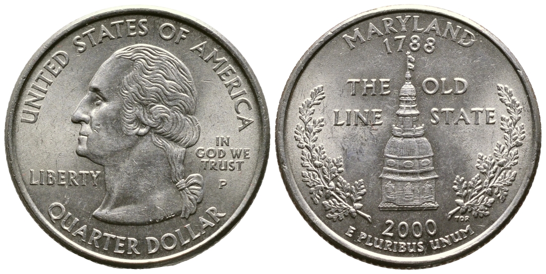 США 25 центов = квотер 2000 Р, серия штаты США, Мэриленд KM 306 медь плакированная медно-никелем 4610-551