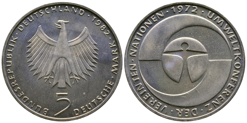 ФРГ 5 марок 1982 F, 10 лет конференции ООН по окружающей среде КМ 157, J.431 медно-никель плакированный никелем UNC 4542-612