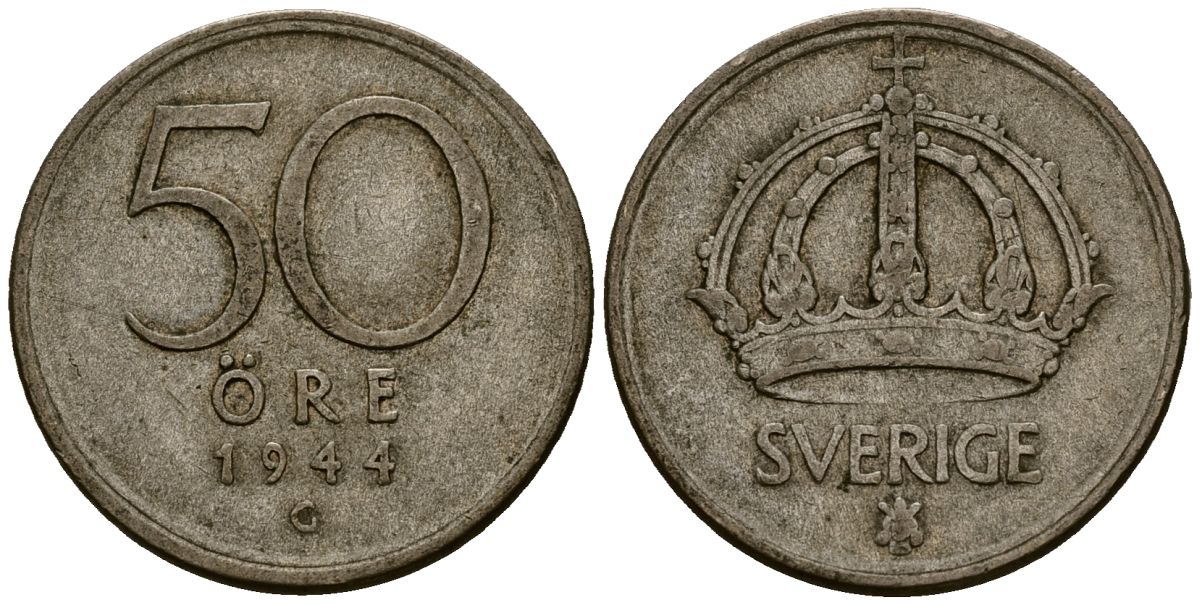 Швеция 50 эре 1944 Густав V (1907-1950) KM 817 серебро 4177-924