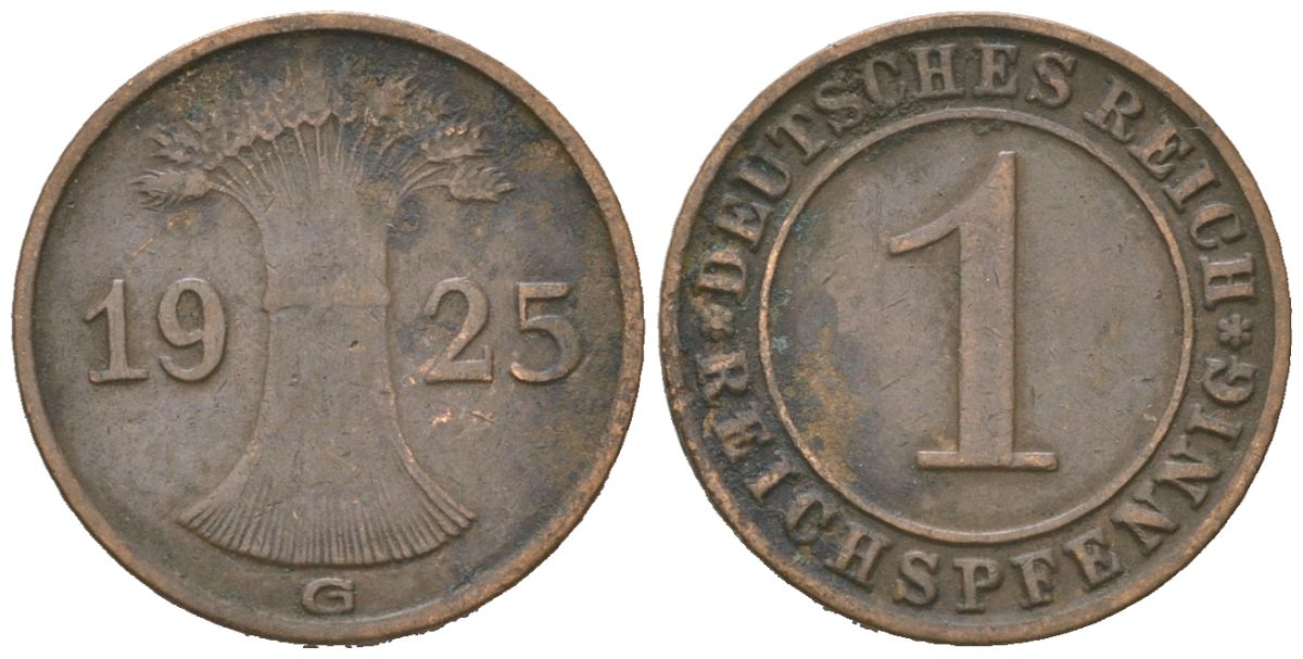 Германия 1 рейхспфенниг 1925 G KM 37 бронза 4617-357