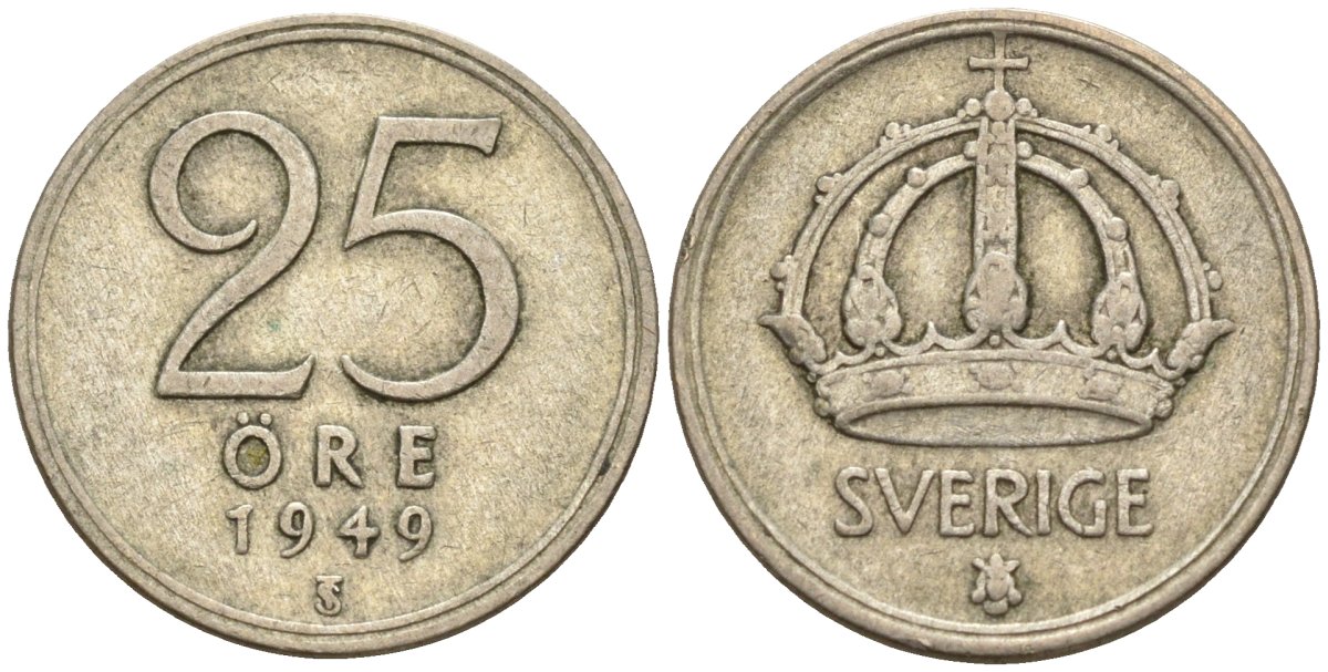Швеция 25 эре 1949 TS, Густав V (1907-1950) KM 816 серебро 4147-1017