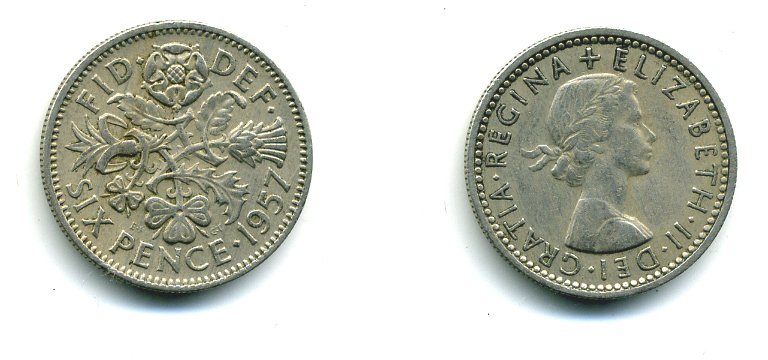 Великобритания 6 пенсов 1957 Елизавета II (1952-2022) KM 903, Spink 4149 медно-никель 36-332