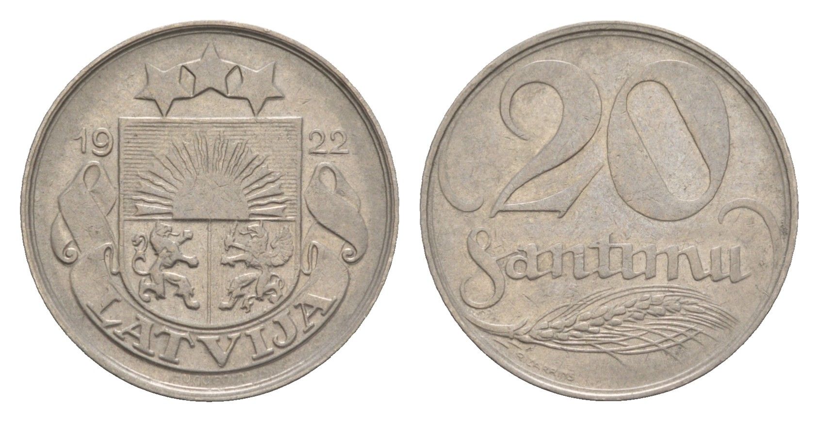 Латвия 20 сантимов 1922 год-тип KM 5 никель 4658-1249