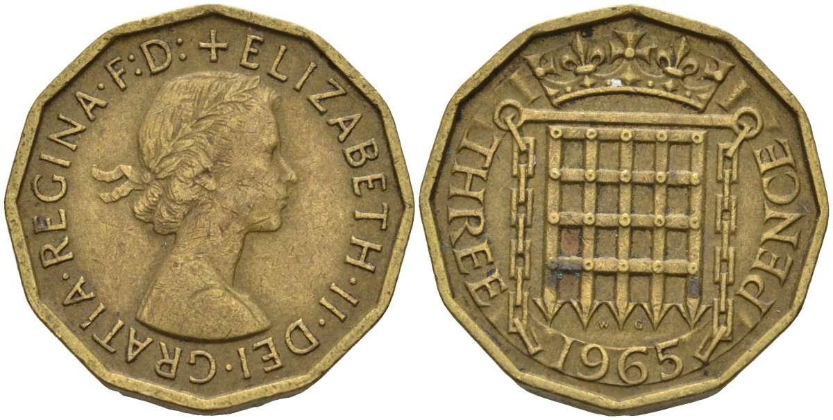 Великобритания 3 пенса 1965 Елизавета II (1952-2022) KM 900, Spink 4153 никель латунь 4146-353