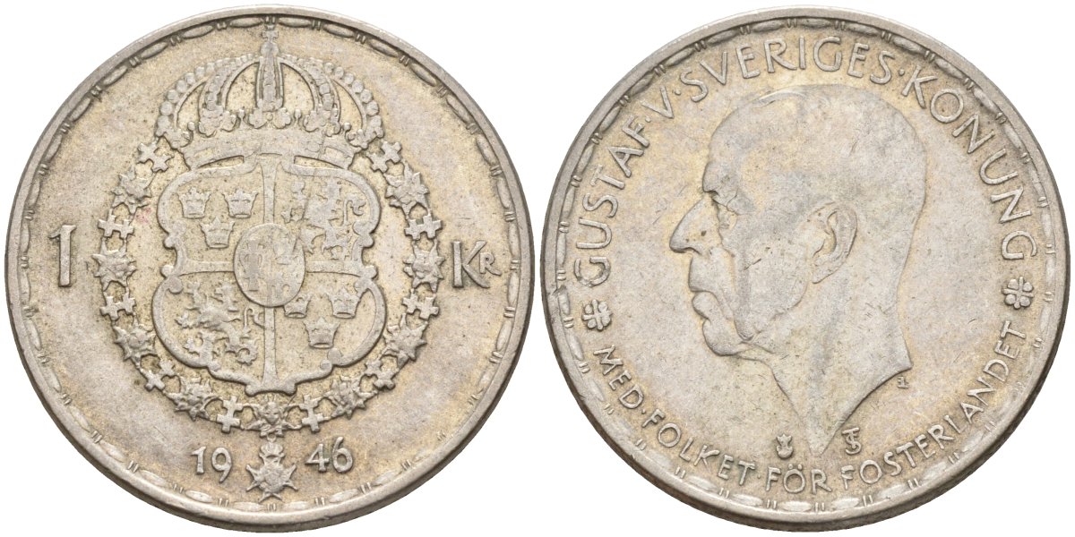 Швеция 1 крона 1946 TS, Густав V (1907-1950) KM 814 серебро 4148-1035