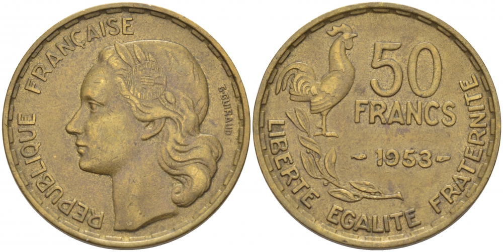 ФРАНЦИЯ 50 ФРАНКОВ 1953 KM 918.1 алюминиевая бронза 3856-1151