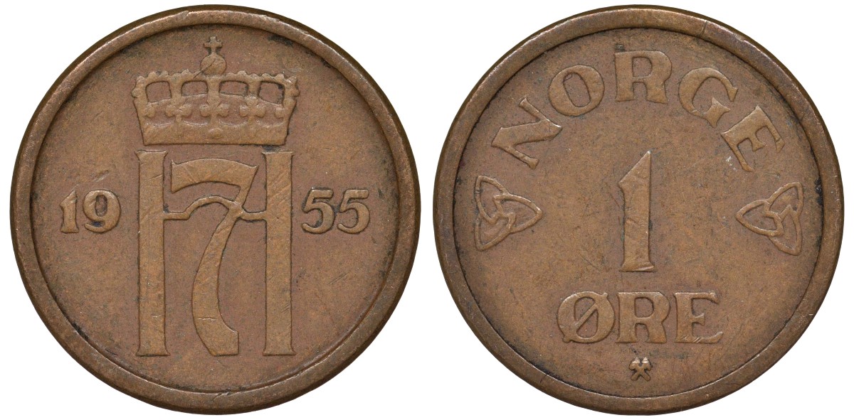 Норвегия 1 эре 1955 Хокон VII (1905-1957) KM 398 бронза 4164-118