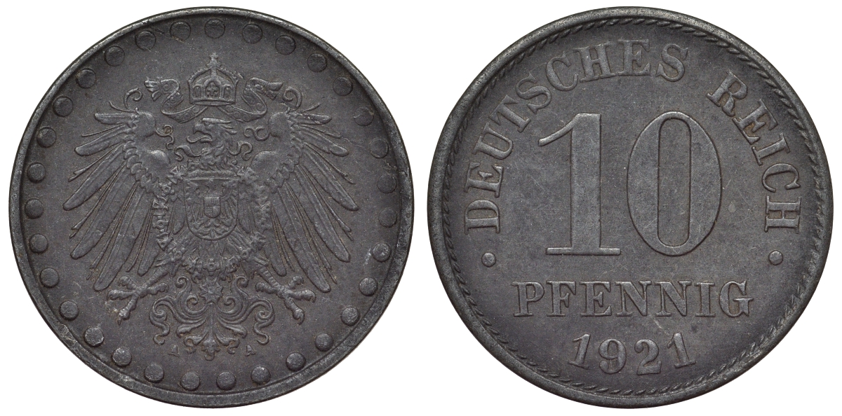 Германия 10 пфеннигов 1921 A KM 20, J. 298 железо 4119-227
