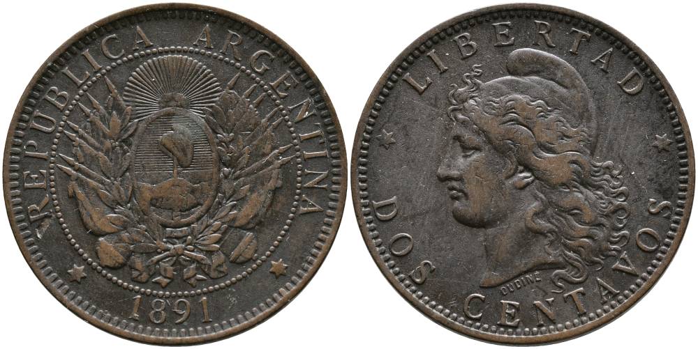 Аргентина 2 сентаво 1891 голова свободы влево KM 8 бронза 4531-1035