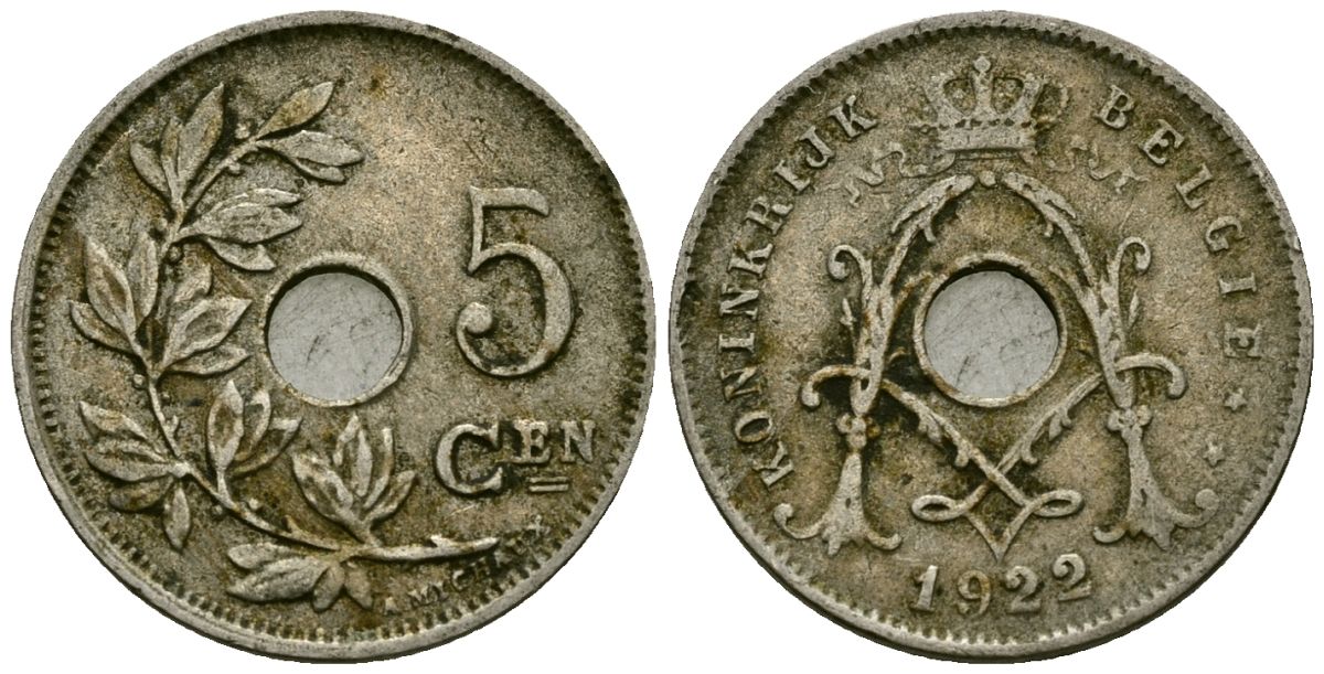 Бельгия 5 сантимов 1922 Belgie KM 67 медно-никель 4173-251