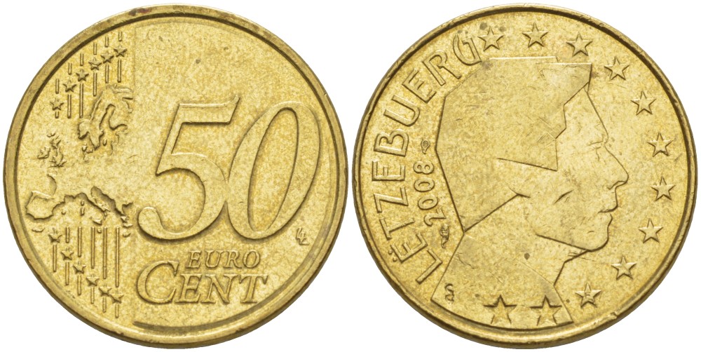 ЛЮКСЕМБУРГ 50 ЕВРОЦЕНТОВ 2008 ВЕЛИКИЙ ГЕРЦОГ АНРИ KM 91 латунь 4543-153