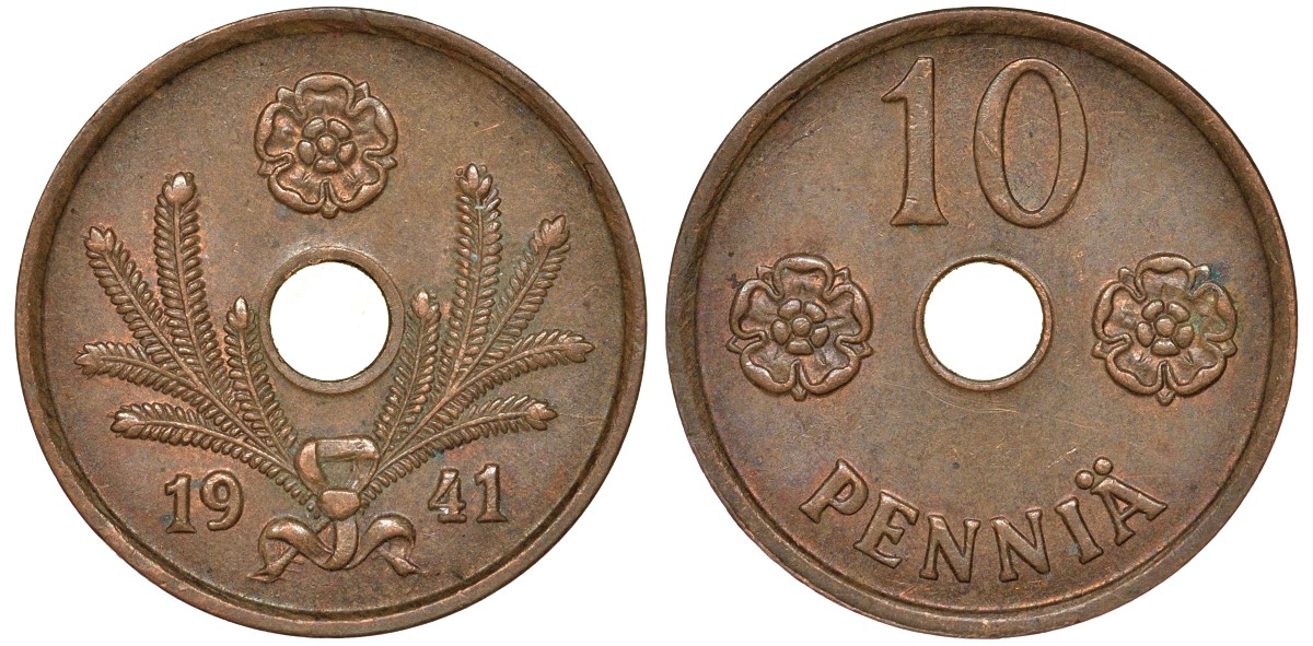 Финляндия 10 пенни 1941 KM 33.1 медь 51-3412