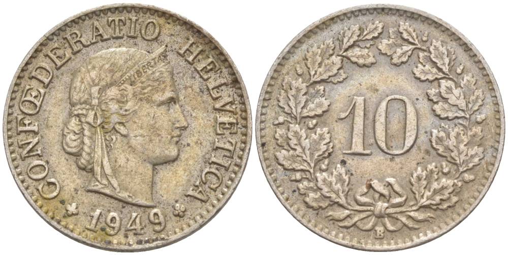 ШВЕЙЦАРИЯ 10 РАППЕНОВ 1949 В KM 27 медно-никель 206-321