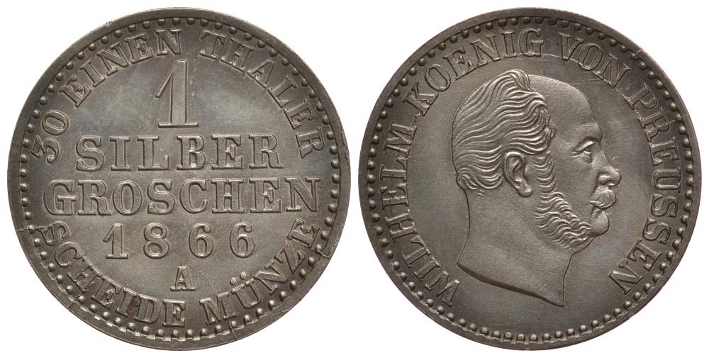 ПРУССИЯ 1 ГРОШ 1866 A KM 485, Jaeger 89, AKS 103 серебро 1522-914