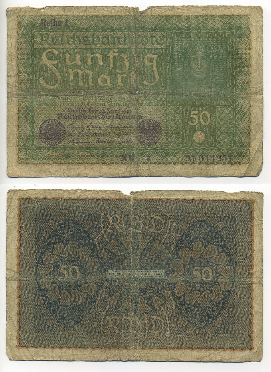 ГЕРМАНИЯ 50 МАРОК 1919 24 ИЮНЯ 1919, REIHE I, СЕРИЯ MQ, ВЫПУСК С НОЯБРЯ 1919 ГОДА Pick 66, Rosenberg 62аа бумага 6294-27-1