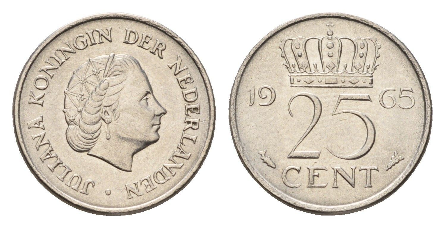 Нидерланды 25 центов 1965 Юлиана (1948-1980) KM 183 никель 4658-842
