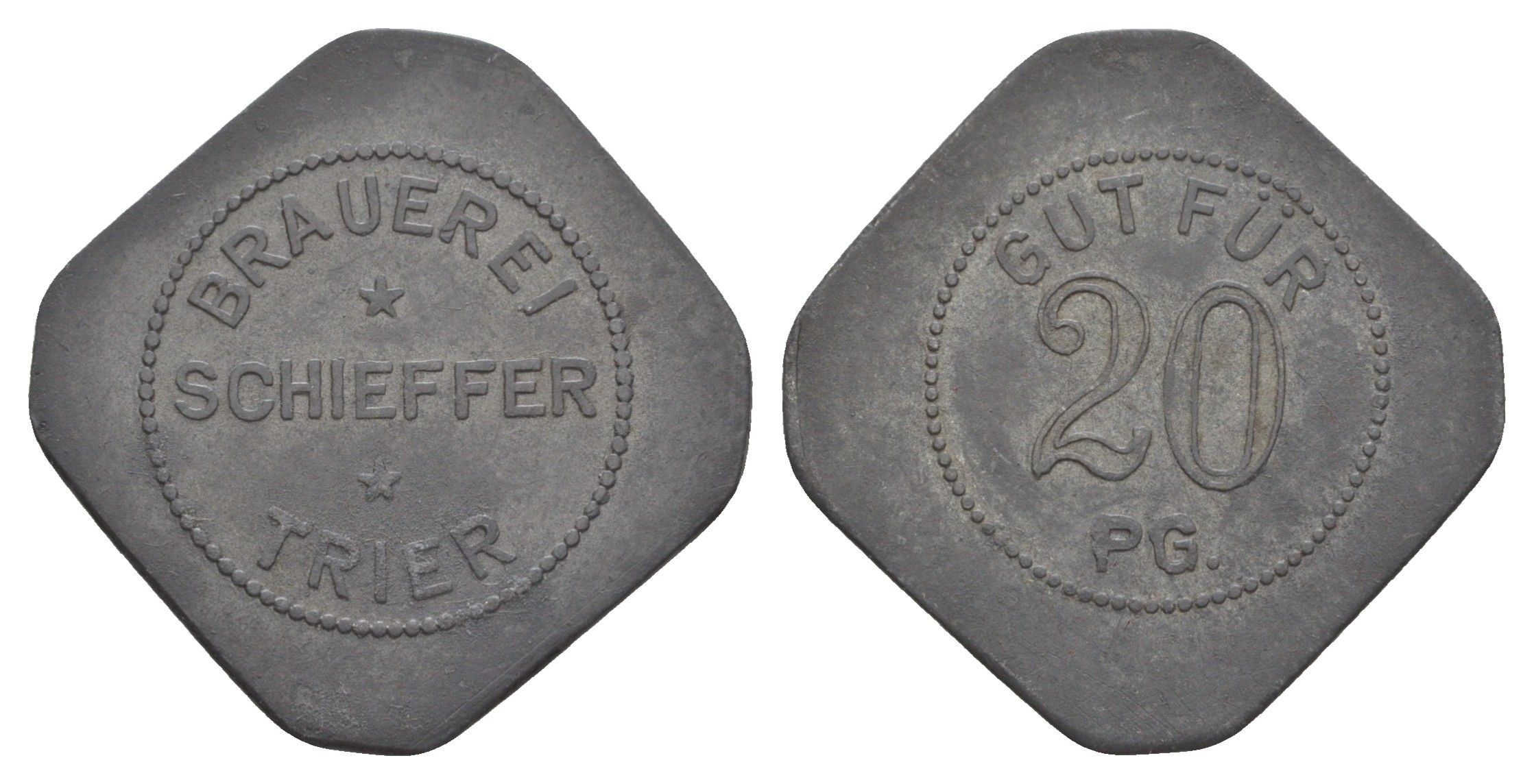 Германия, пивоварня Шиффер, Трир пивной жетон в 20 пфеннигов ND цинк 4582-1122
