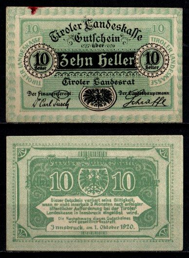 Австрия (Федеральная земля Тироль) 10 геллеров 1920 Jaksc/Pick# 0411-10 бумага аUNC 7555-9-4-1
